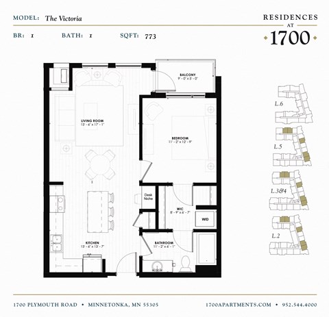 Floor plan for 1 bed, 1 bath, 773 sqft